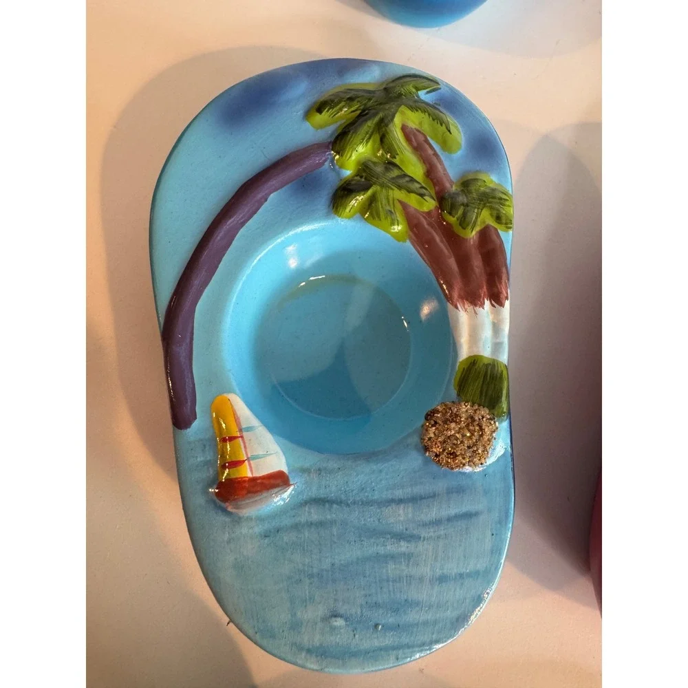 Flip Flop Candle Holders‎ Set of 4 Ceramic Palm Tree Votive Tealight Beach Decor